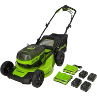 Greenworks 48V (2 x 24V) 21" Brushless Cordless Lawn Mower (LED Headlight), (4) 4.0Ah Batteries and (2) Dual Port Rapid Chargers