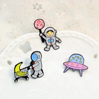 Astronauts water flowers on the moon Enamel Brooch Star UFO Shopping cart moon Planet lollipop Lapel