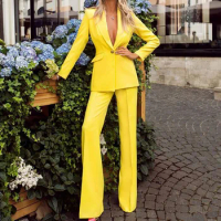 Tesco Lady's Pantsuit Solid Blazer Straight Pants Suit Sets 2 Piece Bright Color Office Outfits For Female ropa de mujer