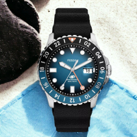 【FOSSIL】Blue 漸層藍海 GMT 黑色矽膠錶帶 手錶 男錶(FS6049)