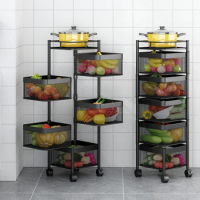Rack-Rotating Vegetable Rack Floor-Standing Basket Storage Shelf Stand Multi-Layer Kitchen Trolley 5 Tier Organizer with Wheels