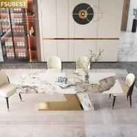 Luxury Rock Slab Kitchen Dining Tables With Chairs Set Metal Titanium Glaze Gold Base Faux Marble Top Table Mesas Com 4 Cadeiraa