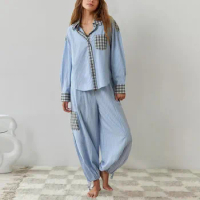 Sleepwear Women Pajama For Sleeping Pajama Sets Long Sleeve Shirt Pants 2 Piece Plaid Sleepwear Loungewear Women'S Home Clothes