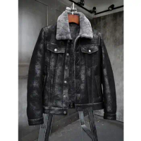 Mens Sheepskin Shearling Jacket B3 Flight Jacket Aviator Winter Coat Fur Bomber Leather Jacket Black Denim Jacket