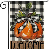 H Yaou Fall Pumpkin Welcome Garden Flag 12x18 Double Sided Burlap, September Harvest Buffalo Plaid S