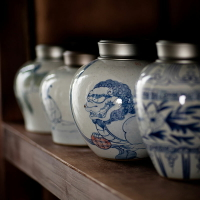 手繪青花茶葉罐舊瓷土錫蓋紅木陶瓷儲茶罐仿古大瓷罐景德鎮茶罐