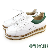 【GREEN PHOENIX 波兒德】女鞋 運動鞋 休閒鞋 小白鞋 鬆糕鞋 厚底 全真皮 胎牛皮 西班牙進口(綠色、銀色)