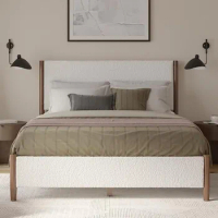 Modern Stylish Upholstered Boucle Fabric Solid Wood Bed Frame with Wooden Slats, No Box Spring, Queen Size Bed Frame