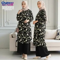 Once One Set Wanita Kekinian Tunik Ruffle Rayon Diamond Baju Setelan Celana Kulot Crinkle LD 110 cm 
