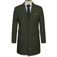 Warm Tweed Long Coat Dark Green Herringbone Custom Made 2020 Tweed Medium Long Jacket Mid-Length Coa