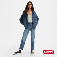 Levis 女款 501Crop高腰合身直筒牛仔長褲 / 精工中藍染刷白 / 及踝款 / 彈性布料