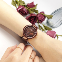 NATURALLY JOJO / 珍珠母貝 獨立小秒針 藍寶石水晶玻璃 陶瓷手錶-紅褐x玫瑰金框/37mm