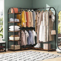 L Shape Clothes Rack,Corner Garment Rack with Storage Shelves and Hanging Rods, Large Open Wardrobe Closet for Bedroom