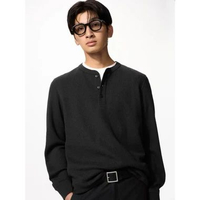 Uniqlo Waffle Henley T-Shirt Long Sleeve Kaos Pria Lengan Panjang 09 BLACK L