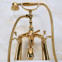 Deck Mounted Gold Color Brass Bathroom Tub Faucet Set + Hand Shower Head Luxury Dual Handle Shower Faucets tna145