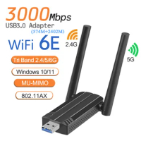 Thrid Band 3000M WIFI6 USB3.0 Wireless Network Card Lan Adapter Dongle 2.4G/5G/6G 802.11AX With Antenna Windows 10/11 For Laptop