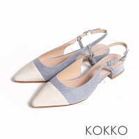 KOKKO異材質拼接小香風顯瘦為彎折半包鞋淺藍色