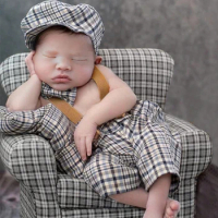 Ylsteed 4 Pieces Set Newborn Props Plaid Outfit for Photoshoot Baby Boy Overalls With Hat Posing Pillow Infant Studio Clothes