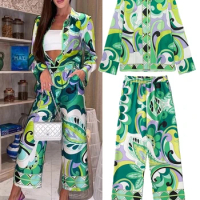 Print Women's Pajama Set Oversize Green Ladies Summer Sleepwear Trouser Suit Long Sleeve Vintage Pijama Suit For Female 2024
