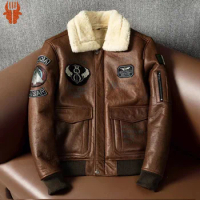Men's Winter Jacket New fur in oneLeather Jacket Male Air Force Pilot Flight Suit Fashion Original Ecological Wool Warm coat