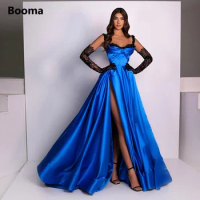 Booma Sexy Blue Satin A-Line Evening Dresses Sweetheart Spaghetti Straps High Thigh Slit Draped Party Gowns Formal Evening Gowns