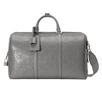 【GUCCI 古馳 】725282 經典壓印LOGO牛皮波士頓手提包/斜背旅行袋(灰色)