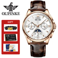 OUIPNKE 3189 Men's Watch Moon phase Calendar Multifunctional Wristwatch Leather strap Sapphire mirror Watch for Man Top Brand