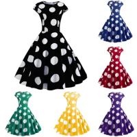 Vintage Polka Dot Printed Swing Dress Women's Elegant Party Dresses Retro 1950s 60s Rockabilly Robe Evening Gowns Vestidos