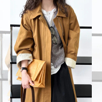 【UniStyle】長袖風衣外套 中長款袖口條紋拼接大衣 女 UV7058(小松黃)
