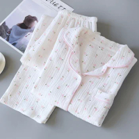 Women's Summer Pajama Set Print Long Sleeve Cotton Ladiess 2 Pcs Sleepwear with Pants Single Breasted Pijama for Female 2024