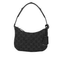 【GUCCI 古馳】Horsebit GG Logo 牛仔布窄版彎月肩背包(黑色)