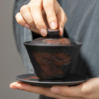 建水紫陶三才蓋碗純手工紫砂茶杯單個家用大容量泡茶碗功夫茶具