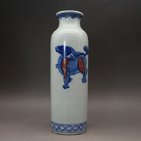 清康熙青花釉里紅手繪麒麟直筒瓶花瓶古玩古董陶瓷器仿古老貨收藏