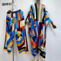 WINYI two-piece suit kimono straight leg pants Bohemian Printed Over Size Dress Women Elastic Silk Floor Length New kaftan