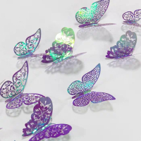 New Mirror Paper Iridescent Purple Green Blue 3D Hollow Butterflies Wall Stickers Butterfly Decal Birthday Party DIY Decorations
