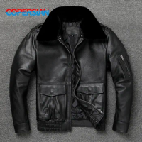 A2 Men's Bomber Jacket Classic style oversize fur collar flight coat genuine leather jacket addition warm cotton