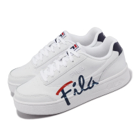 FILA 休閒鞋 Court LUX Premium 白 海軍藍 男女鞋 小白鞋 皮革 草寫 微厚底 斐樂(4C304X123)