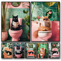 (จัดส่งภายใน 24 ชั่วโมง) แมวตลกบนห้องน้ํา Wall Art แมวอ่านหนังสือพิมพ์ผ้าใบโปสเตอร์พิมพ์ภาพสําหรับห้
