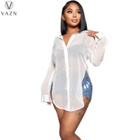 VAZN 2022 Spring Summer See Through Lace Solid Young Sexy Daily Spit Fashion Full Sleeve Women Nature Free Long Shirts