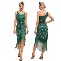 Plus Size 1920s Vintage Fringed Gatsby Sequin Beaded Tassels Hem Flapper Dress Sexy One Shoulder Gastby Dress for Women
