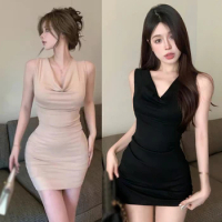 Women's Dress Korean Version Summer Solid Colour Swinging Collar Slim Sexy Fashion Sleeveless Bodycon Dress