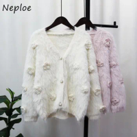 Neploe 3d Flower Waterproof Mink Sweaters Mujer Autumn New V-neck Lazy Knitted Cardigan Y2k Long Sleeve Loose Tops Women