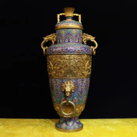 28" Chinese Pure Bronze cloisonne 24K Gold Foo Dog Lion Dragon Lug Vase Jar Pot
