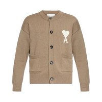 AMI Paris Ami De Coeur Wool Crewneck Cardigan Taupe Beige/Off White XXS Brown