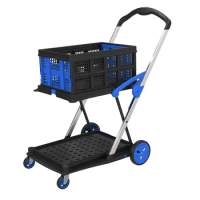 Mobile Folding Double-layer Shopping Collapsible Hand Buggy Portable Trolley Shopping Cart with Storage Crate Platform Truck