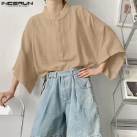 INCERUN Men Shirt Solid Color Stand Collar Short Sleeve Loose Camisas Streetwear 2023 Oversize Korean Style Men Clothing S-5XL