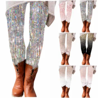 Ladies' Tight Stretch Flash Printing Yoga Pants Slim Sweatpants Cotton Shorts Pack Long Leggings for Women Cotton Pockets