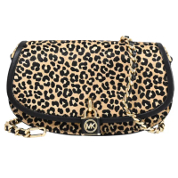 【Michael Kors】質感MK銷頭吊飾豹紋翻蓋肩斜多功能鍊包(黑邊)