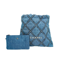 Chanel 22 銀logo菱格紋單寧牛仔肩背包(AS3261-藍)