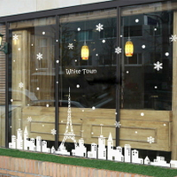 白色城鎮墻貼紙咖啡店裝飾櫥窗玻璃門 圣誕節貼紙窗邊貼裝飾墻貼1入